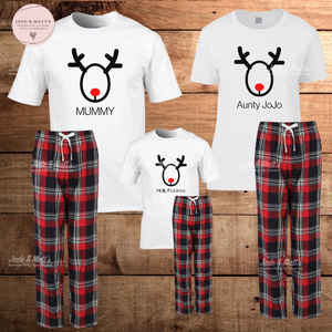Christmas Tartan Pyjamas | Family sets Personalised |  White Tshirts & Navy/Red Tartan