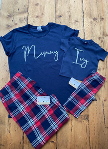 Mum & Daughter Pyjamas | Personalised Tartan Pj set | Navy/Red Tartan