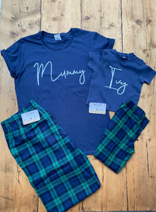 Mum & Daughter Pyjamas | Personalised Tartan Pj set | Navy/Green Tartan