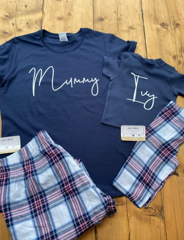 Mum & Daughter Pyjamas | Personalised Tartan Pj set | Navy/Pink check Tartan