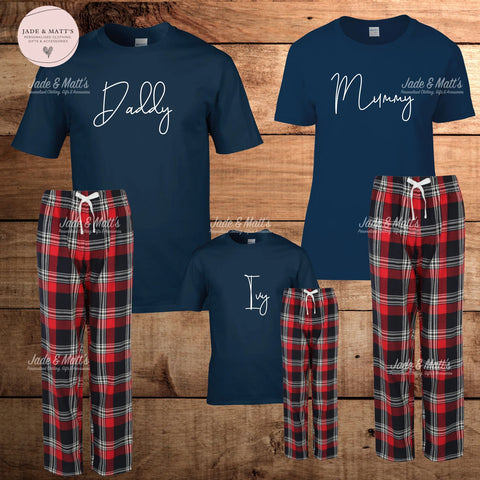Personalised Tartan Pyjamas | Family sets Personalised | Navy/Red Tartan